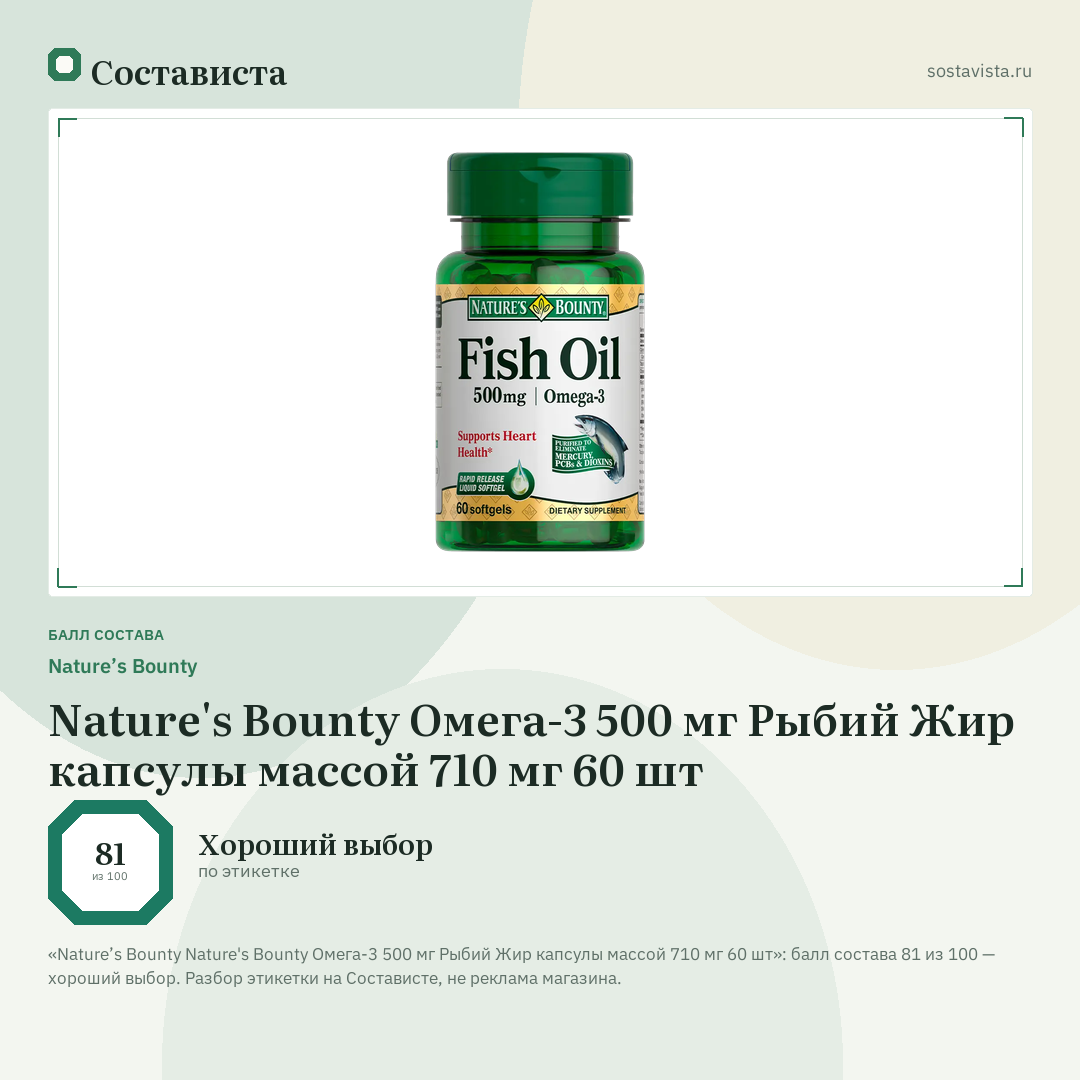Nature’s Bounty Nature's Bounty Омега-3 500 мг Рыбий Жир капсулы массой 710 мг 60 шт: балл состава 81 из 100 — Состависта