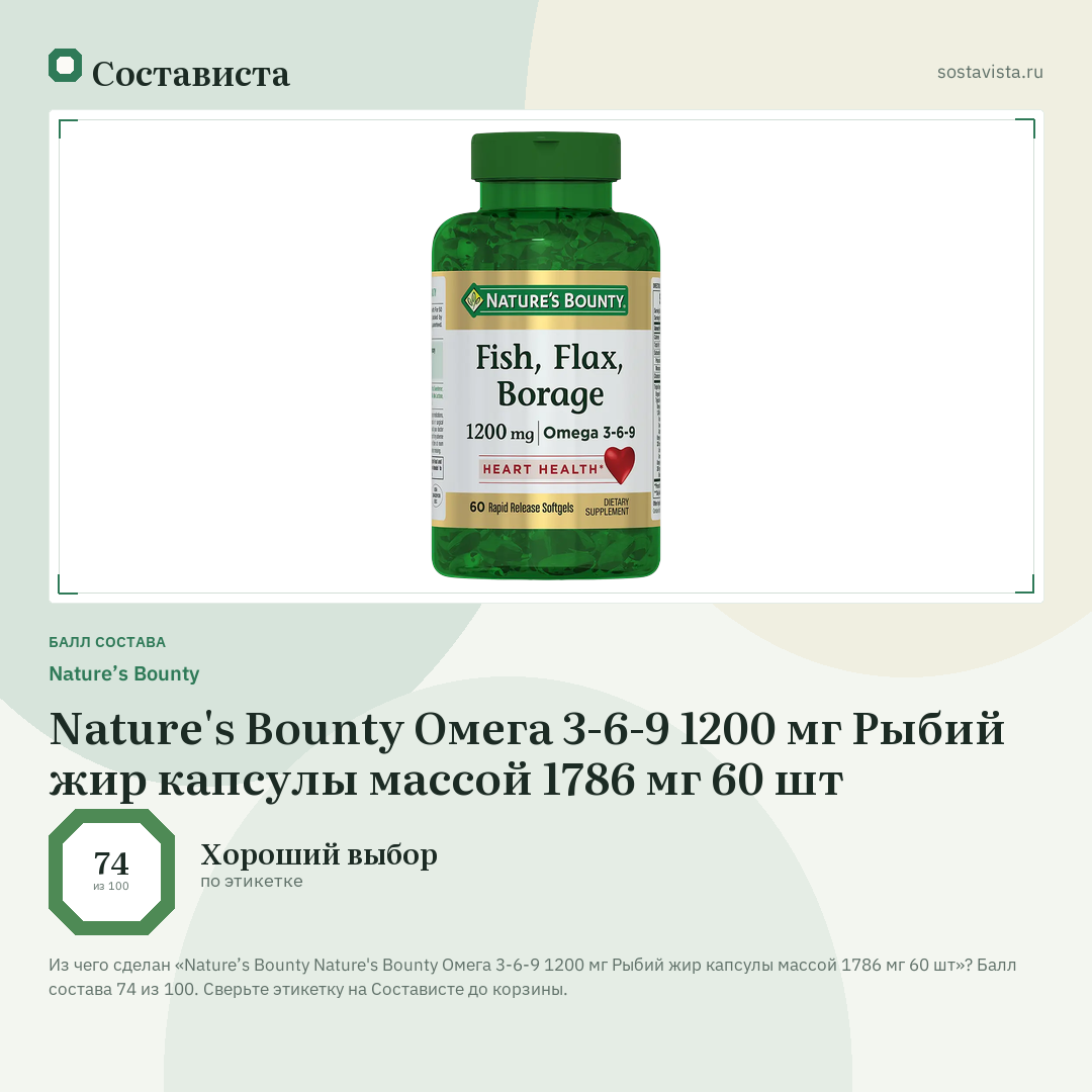 Nature’s Bounty Nature's Bounty Омега 3-6-9 1200 мг Рыбий жир капсулы массой 1786 мг 60 шт: балл состава 74 из 100 — Состависта