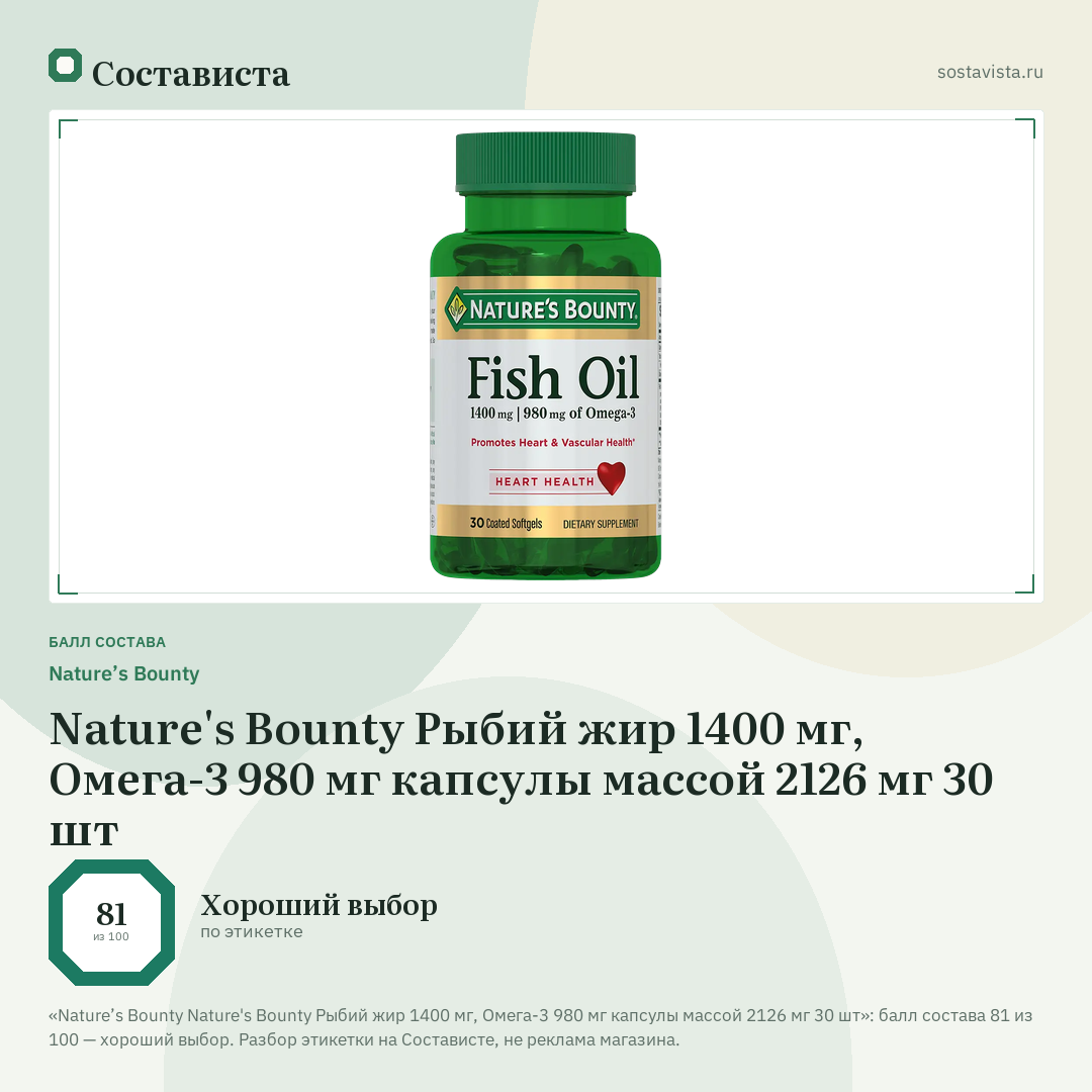 Nature’s Bounty Nature's Bounty Рыбий жир 1400 мг, Омега-3 980 мг капсулы массой 2126 мг 30 шт: балл состава 81 из 100 — Состависта