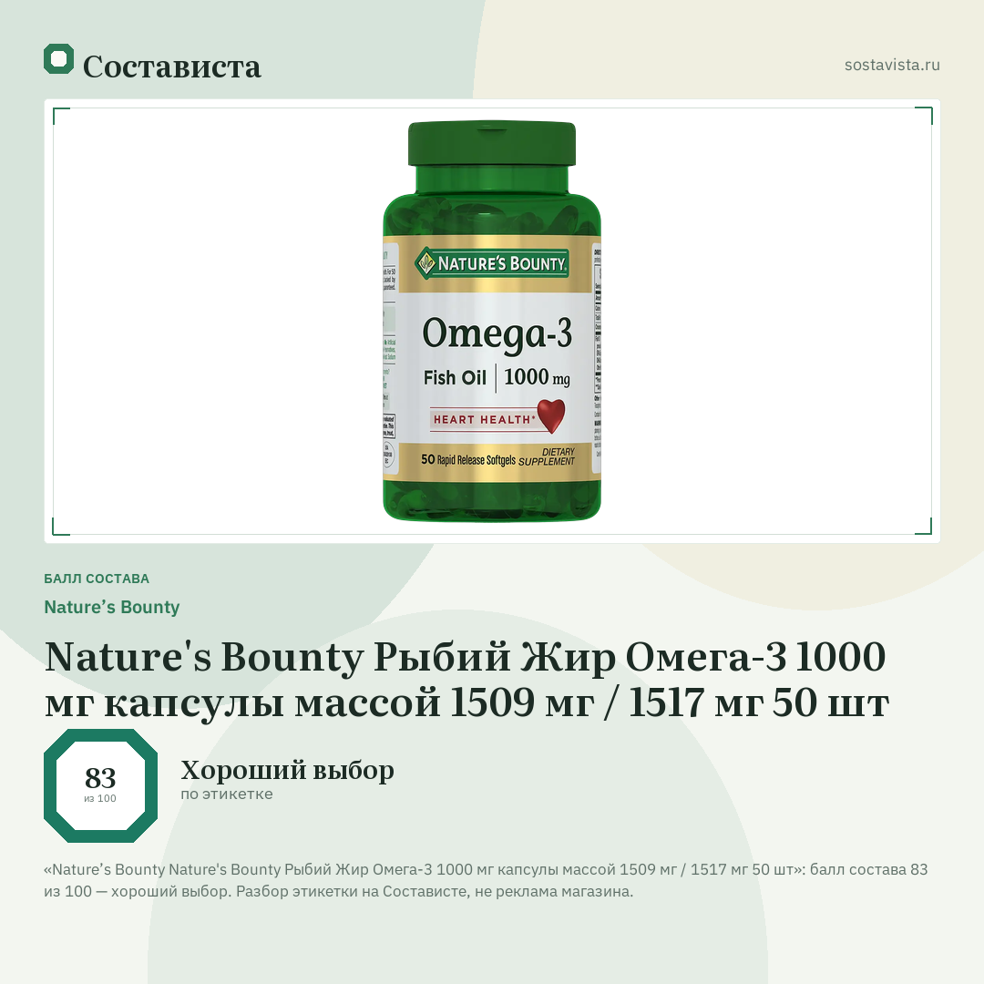 Nature’s Bounty Nature's Bounty Рыбий Жир Омега-3 1000 мг капсулы массой 1509 мг / 1517 мг 50 шт: балл состава 83 из 100 — Состависта