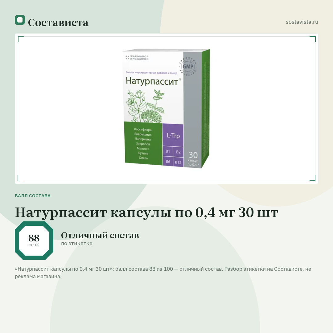 Натурпассит капсулы по 0,4 мг 30 шт: балл состава 88 из 100 — Состависта