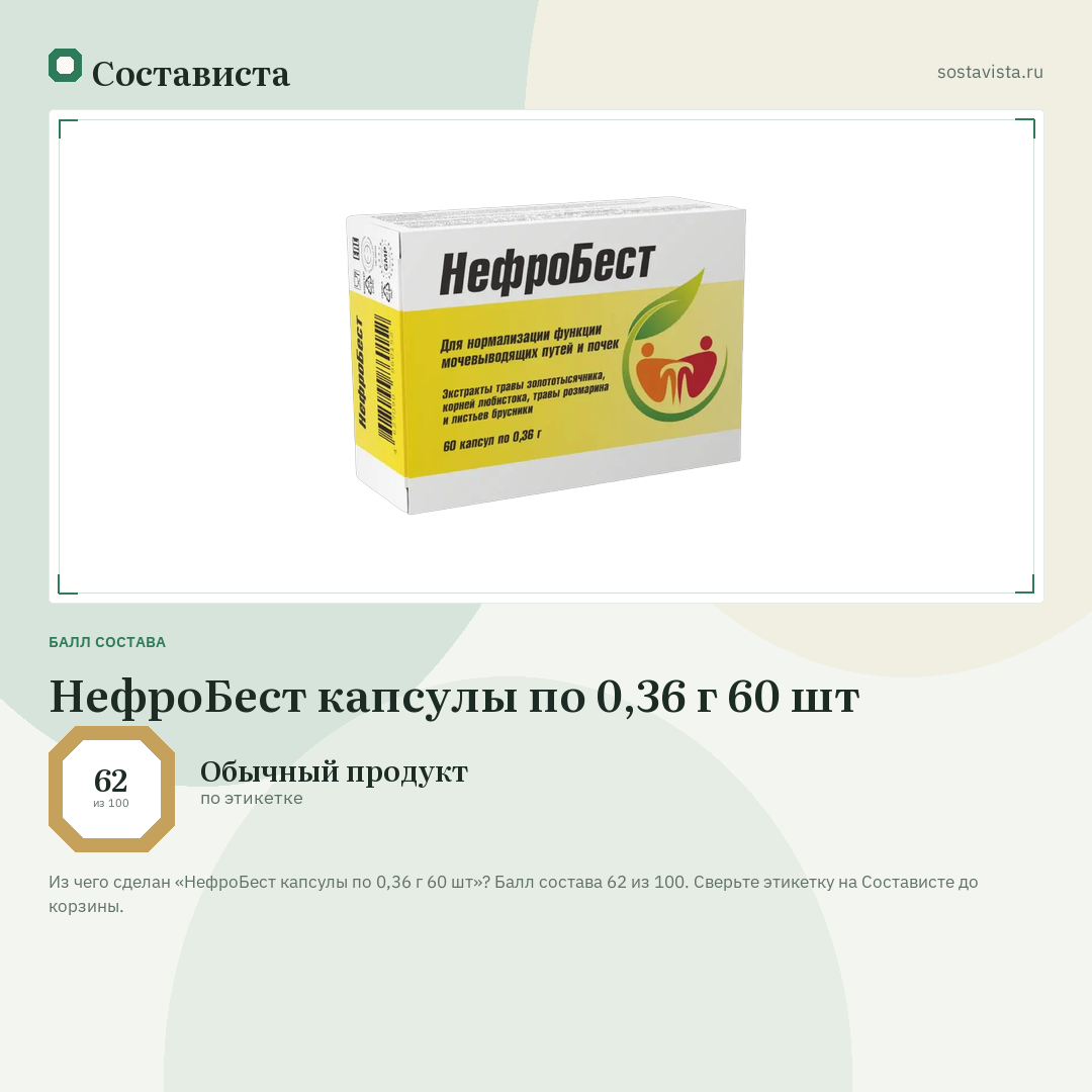 НефроБест капсулы по 0,36 г 60 шт: балл состава 62 из 100 — Состависта