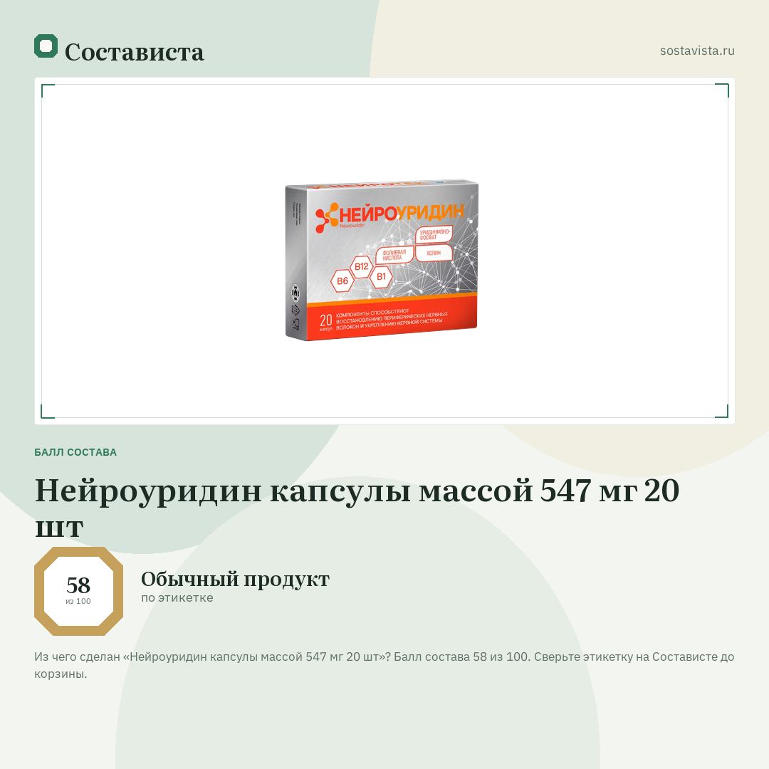 Нейроуридин капсулы массой 547 мг 20 шт: балл состава 58 из 100 — Состависта