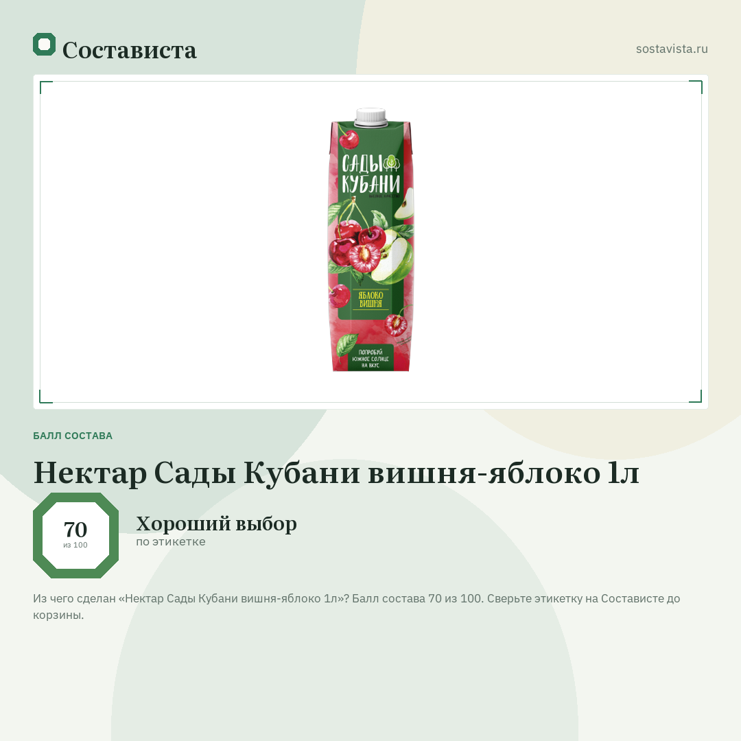 Нектар Сады Кубани вишня-яблоко 1л: балл состава 70 из 100 — Состависта