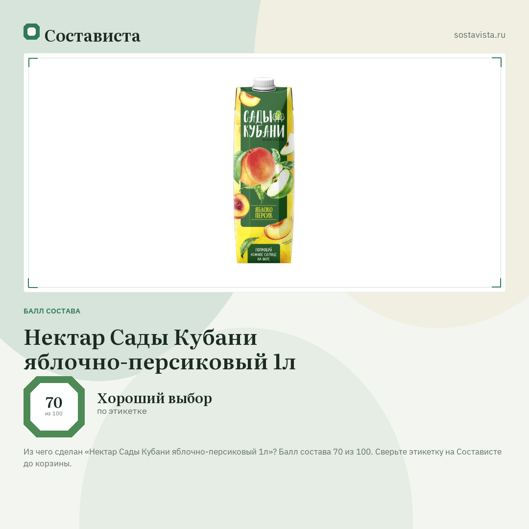 Нектар Сады Кубани яблочно-персиковый 1л: балл состава 70 из 100 — Состависта
