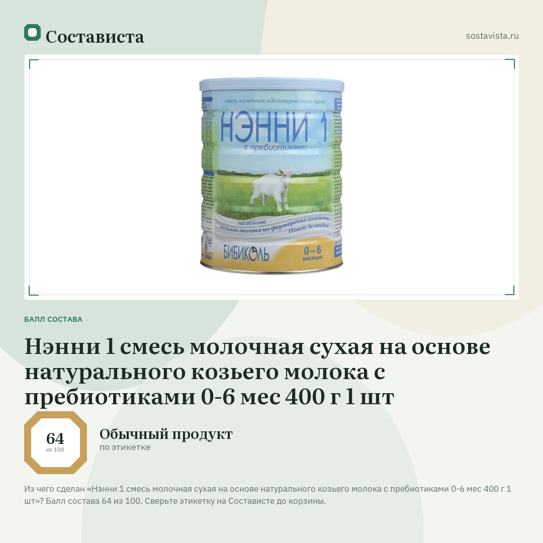 Нэнни 1 смесь молочная сухая на основе натурального козьего молока с пребиотиками 0-6 мес 400 г 1 шт: балл состава 64 из 100 — Состависта