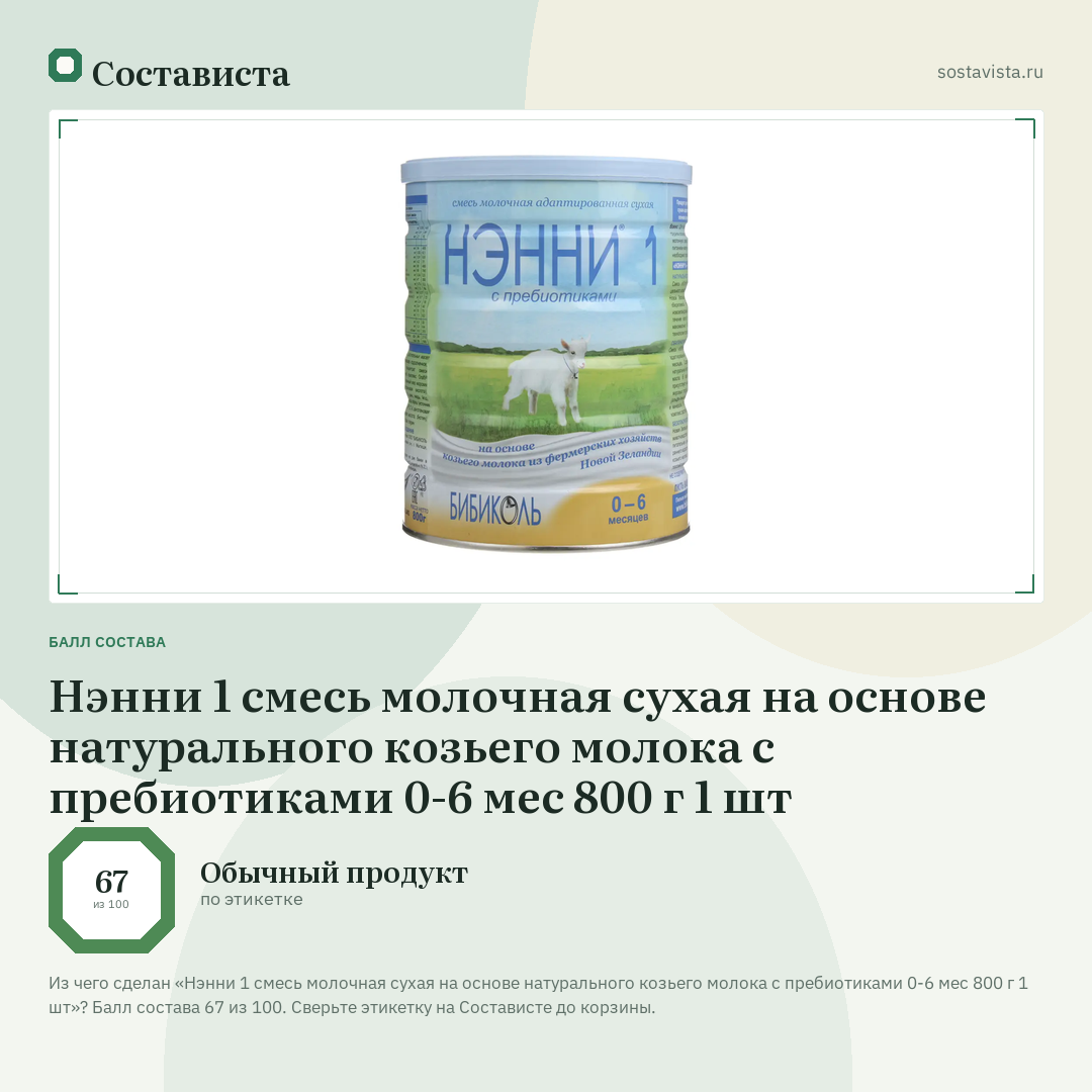 Нэнни 1 смесь молочная сухая на основе натурального козьего молока с пребиотиками 0-6 мес 800 г 1 шт: балл состава 67 из 100 — Состависта