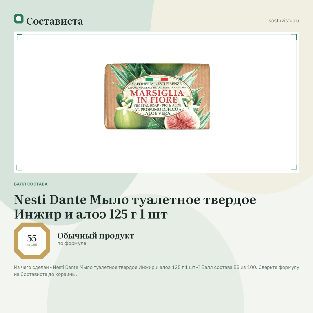 Nesti Dante Мыло туалетное твердое Инжир и алоэ 125 г 1 шт: балл состава 55 из 100 — Состависта