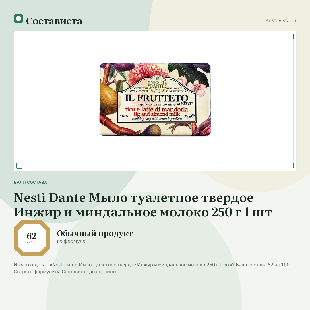 Nesti Dante Мыло туалетное твердое Инжир и миндальное молоко 250 г 1 шт: балл состава 62 из 100 — Состависта
