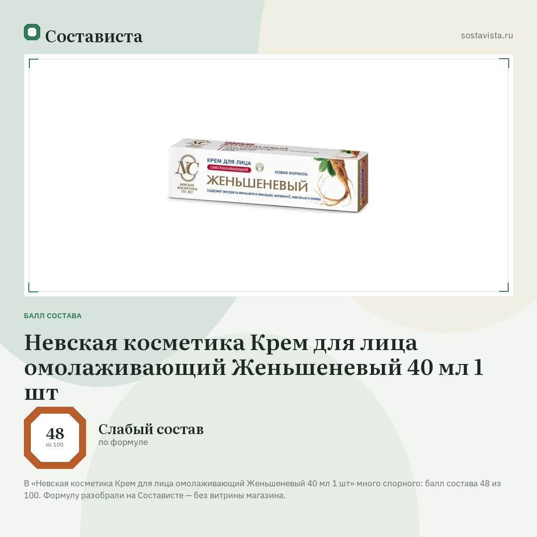 Невская косметика Крем для лица омолаживающий Женьшеневый 40 мл 1 шт: балл состава 48 из 100 — Состависта