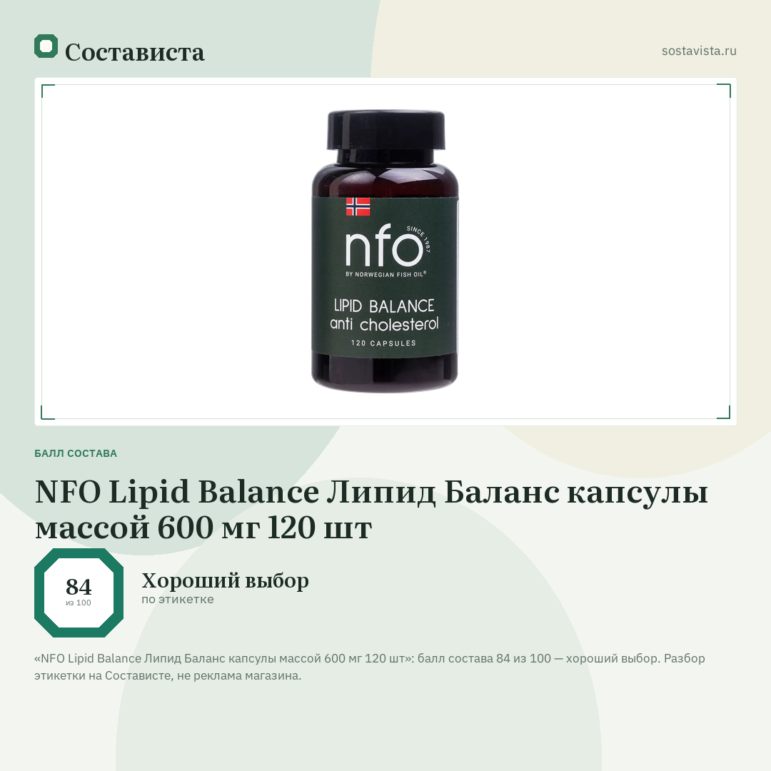 NFO Lipid Balance Липид Баланс капсулы массой 600 мг 120 шт: балл состава 84 из 100 — Состависта