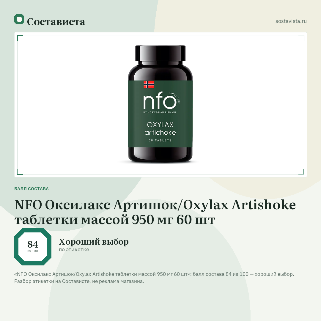 NFO Оксилакс Артишок/Oxylax Artishoke таблетки массой 950 мг 60 шт: балл состава 84 из 100 — Состависта