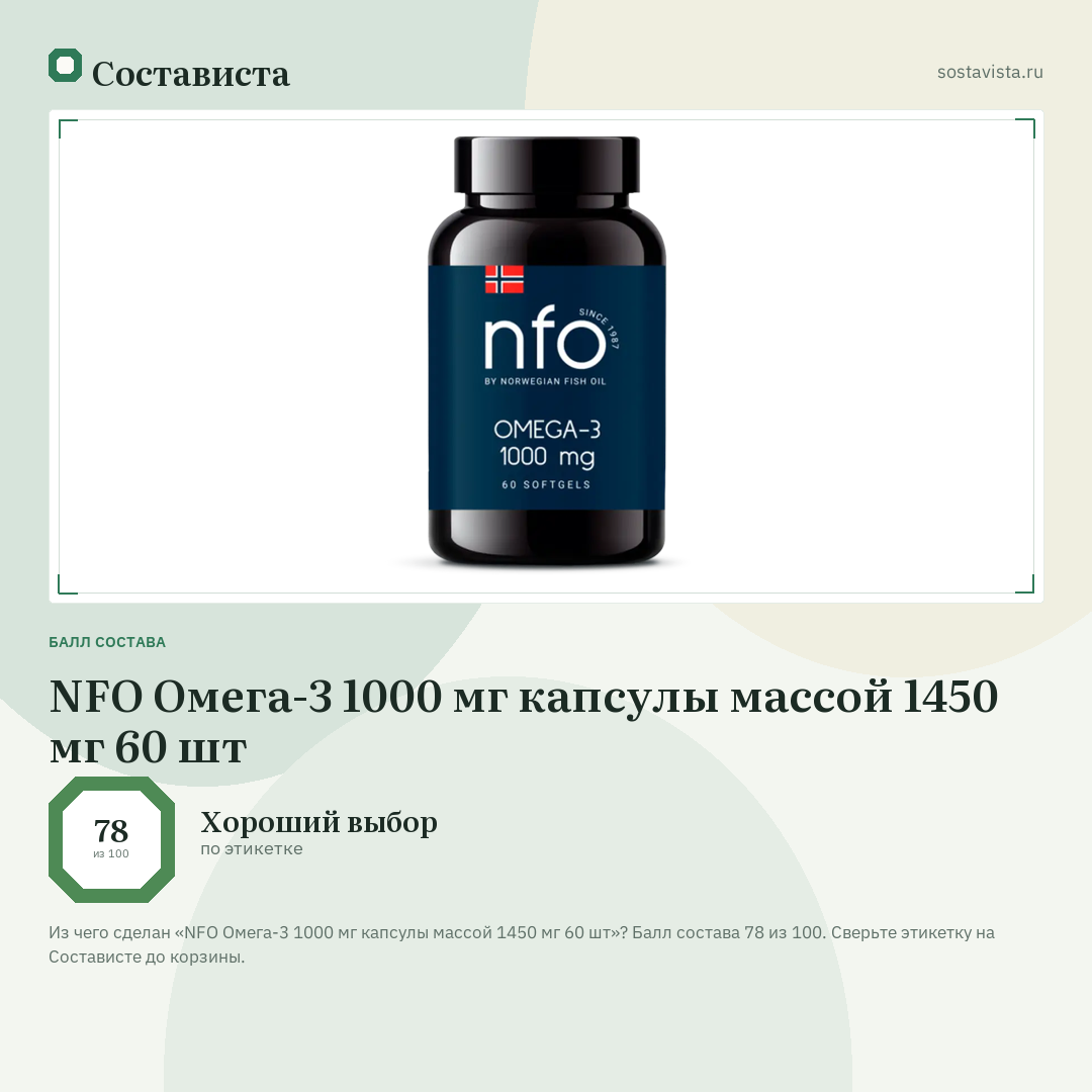 NFO Омега-3 1000 мг капсулы массой 1450 мг 60 шт: балл состава 78 из 100 — Состависта