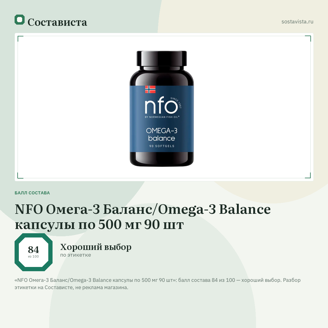 NFO Омега-3 Баланс/Omega-3 Balance капсулы по 500 мг 90 шт: балл состава 84 из 100 — Состависта