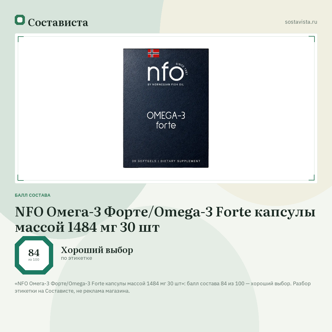 NFO Омега-3 Форте/Omega-3 Forte капсулы массой 1484 мг 30 шт: балл состава 84 из 100 — Состависта