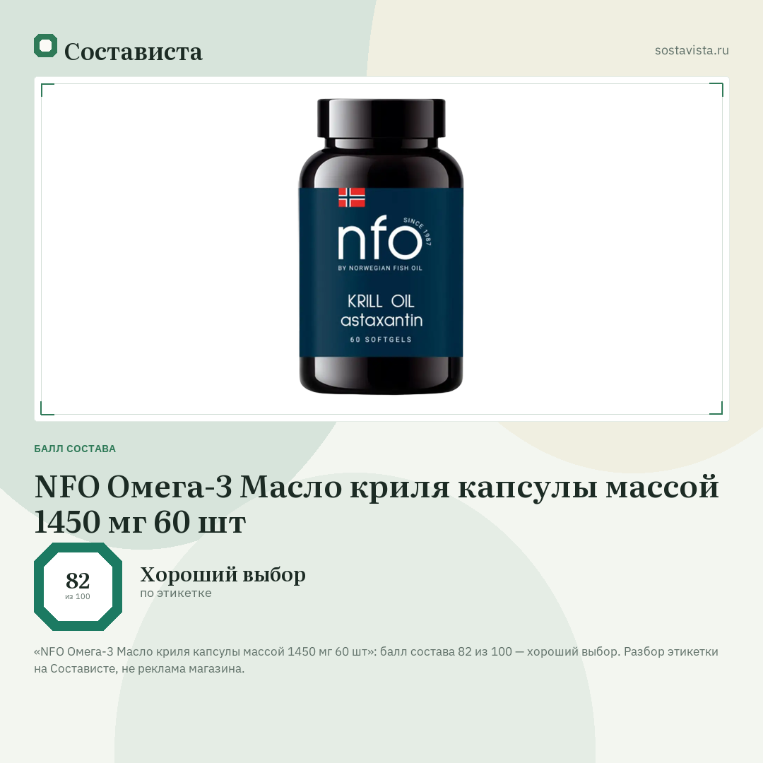NFO Омега-3 Масло криля капсулы массой 1450 мг 60 шт: балл состава 82 из 100 — Состависта