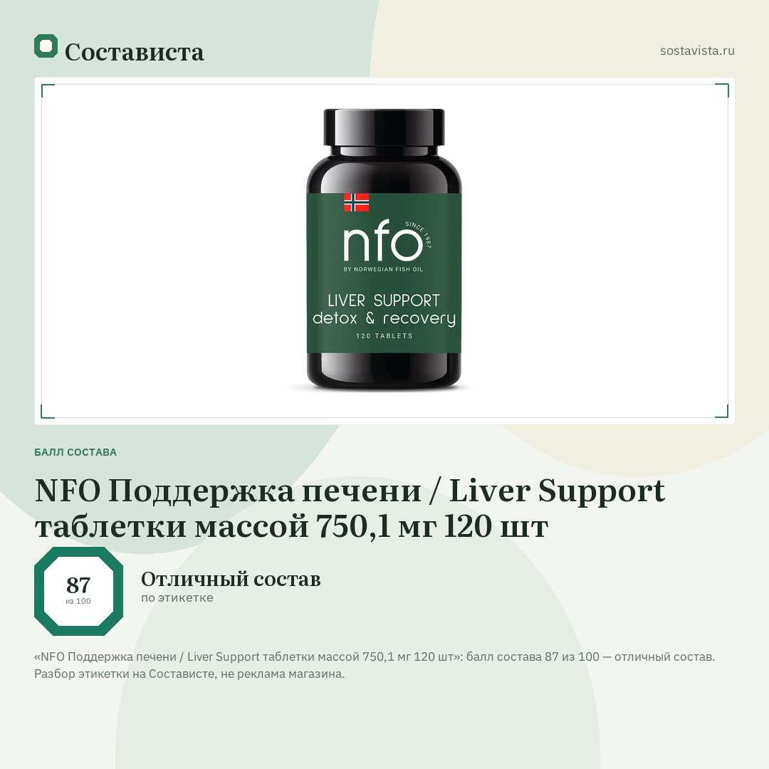 NFO Поддержка печени / Liver Support таблетки массой 750,1 мг 120 шт: балл состава 87 из 100 — Состависта