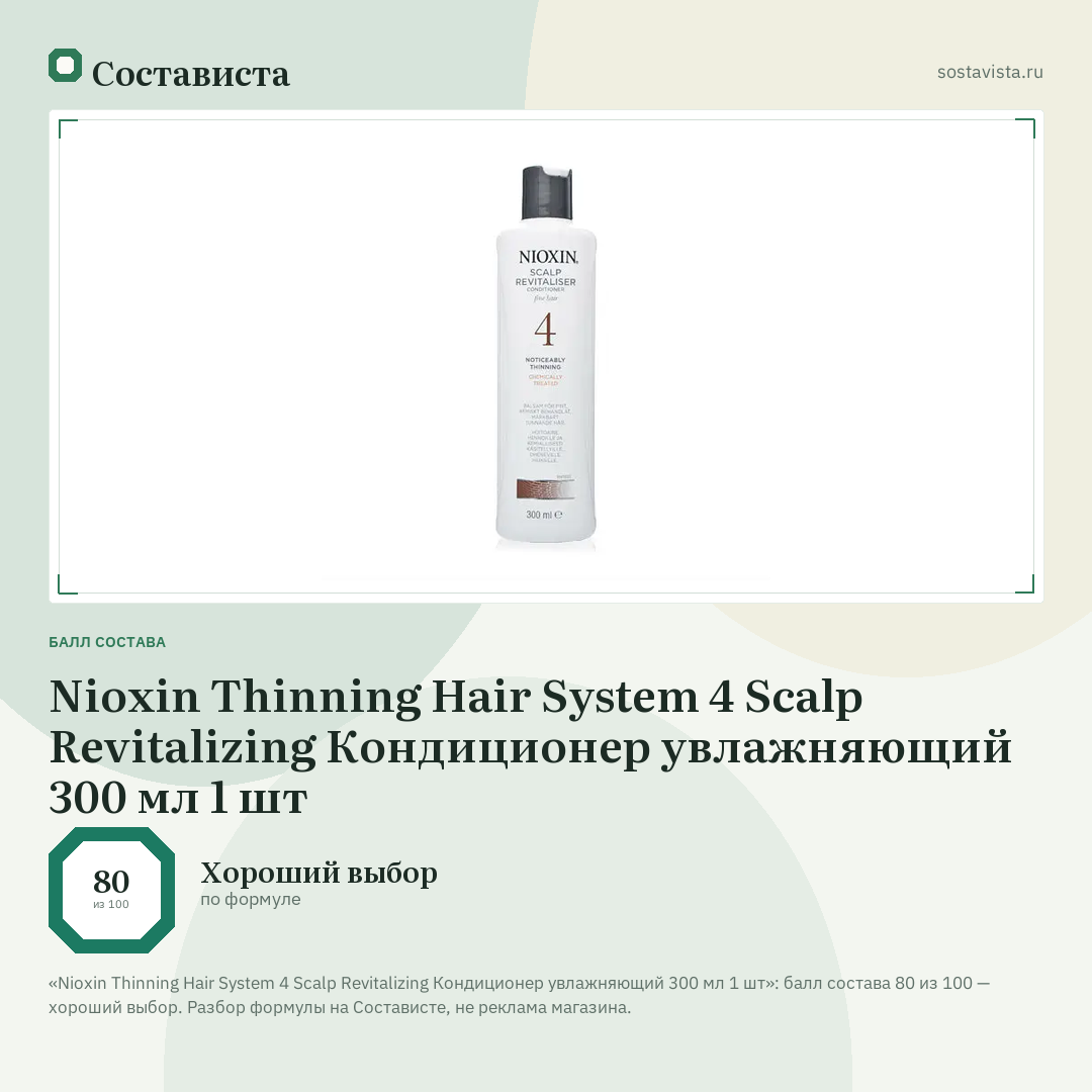 Nioxin Thinning Hair System 4 Scalp Revitalizing Кондиционер увлажняющий 300 мл 1 шт: балл состава 80 из 100 — Состависта