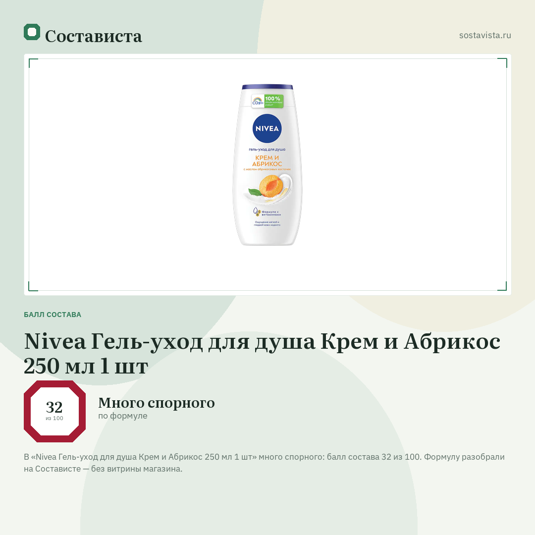 Nivea Гель-уход для душа Крем и Абрикос 250 мл 1 шт: балл состава 32 из 100 — Состависта