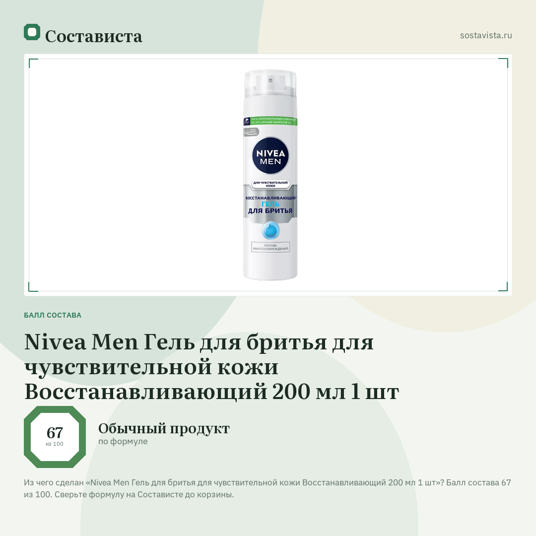 Nivea Men Гель для бритья для чувствительной кожи Восстанавливающий 200 мл 1 шт: балл состава 67 из 100 — Состависта