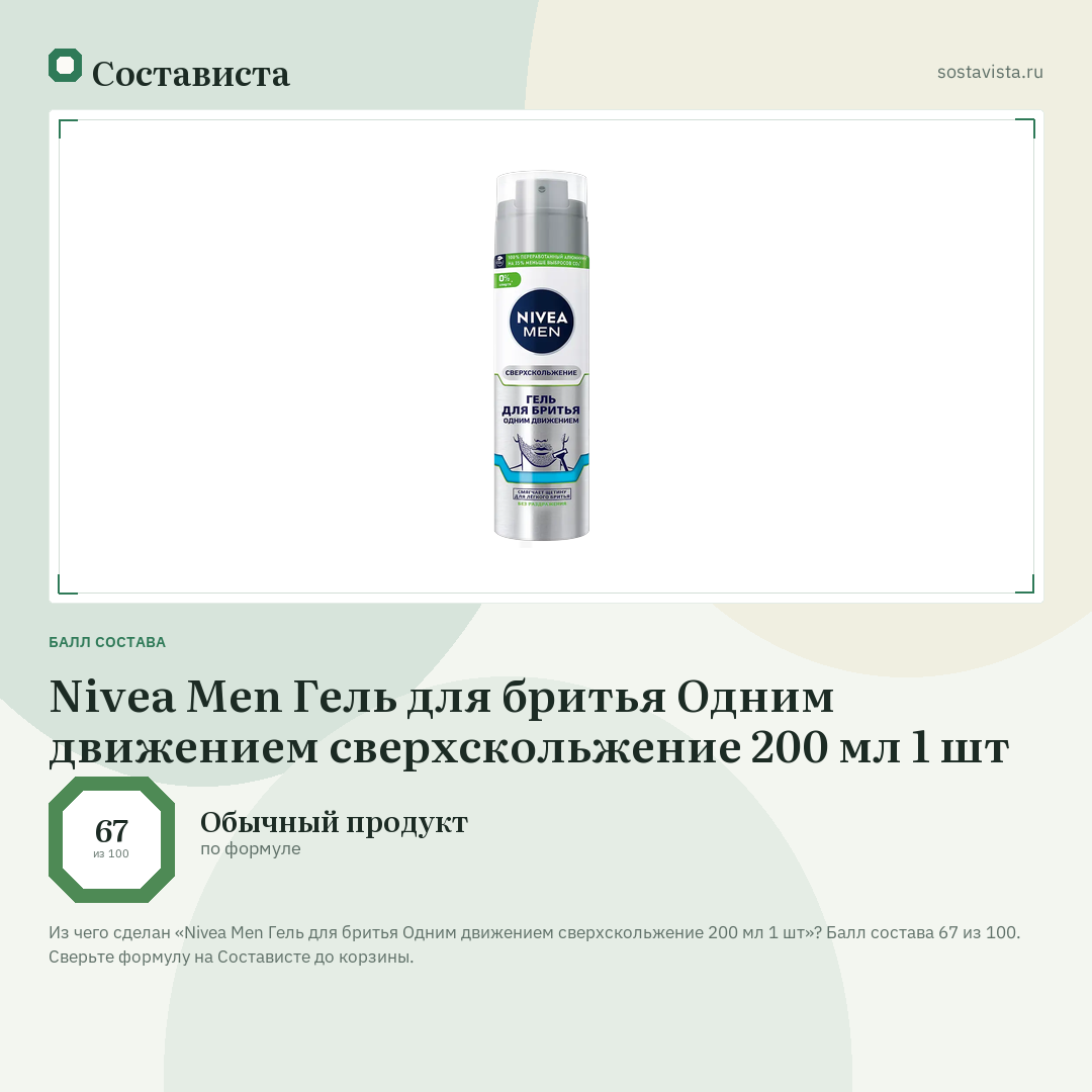 Nivea Men Гель для бритья Одним движением сверхскольжение 200 мл 1 шт: балл состава 67 из 100 — Состависта