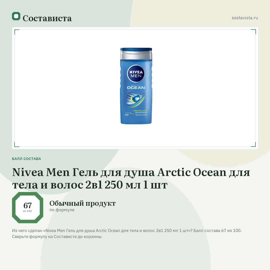 Nivea Men Гель для душа Arctic Ocean для тела и волос 2в1 250 мл 1 шт: балл состава 67 из 100 — Состависта