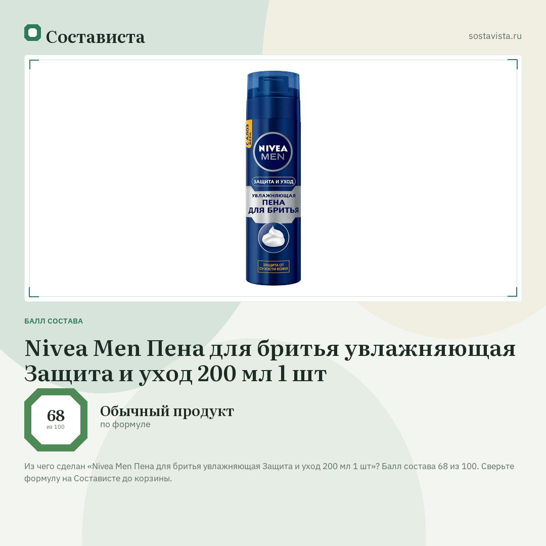 Nivea Men Пена для бритья увлажняющая Защита и уход 200 мл 1 шт: балл состава 68 из 100 — Состависта