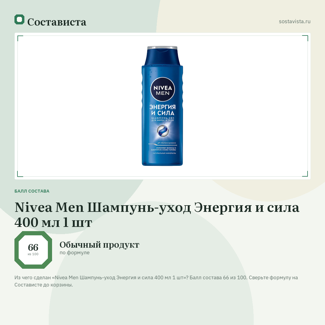 Nivea Men Шампунь-уход Энергия и сила 400 мл 1 шт: балл состава 66 из 100 — Состависта