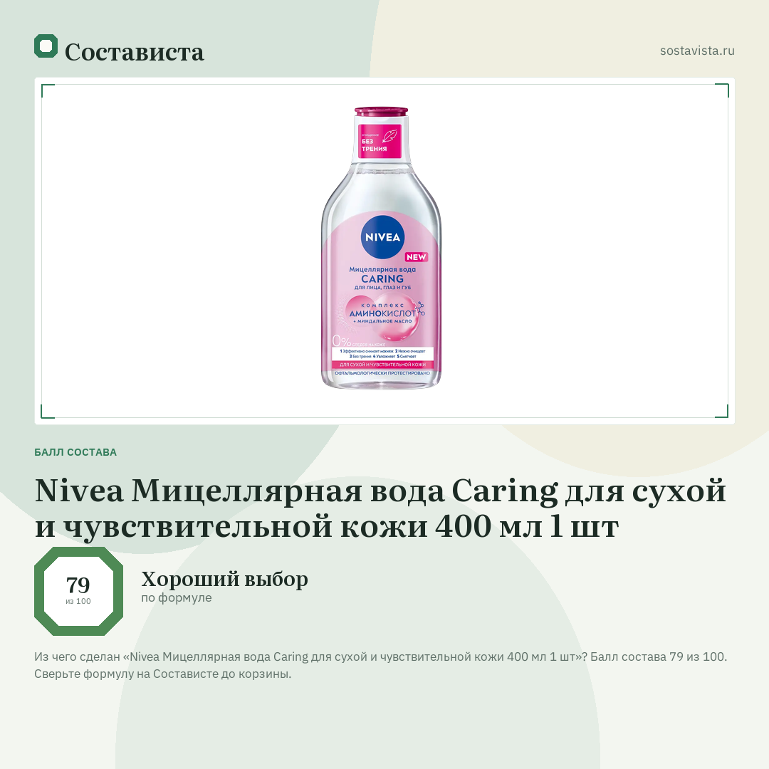 Nivea Мицеллярная вода Caring для сухой и чувствительной кожи 400 мл 1 шт: балл состава 79 из 100 — Состависта