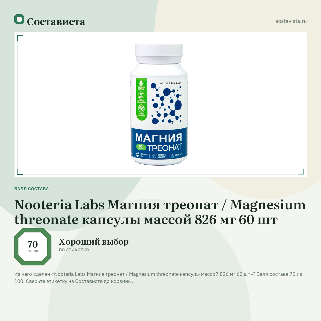 Nooteria Labs Магния треонат / Magnesium threonate капсулы массой 826 мг 60 шт: балл состава 70 из 100 — Состависта