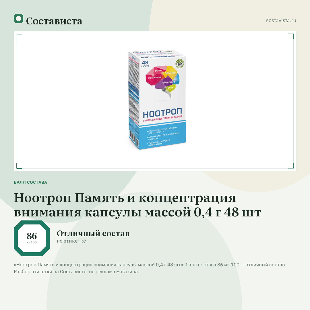 Ноотроп Память и концентрация внимания капсулы массой 0,4 г 48 шт: балл состава 86 из 100 — Состависта