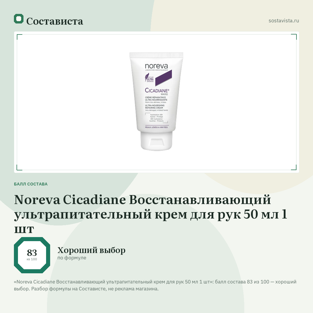 Noreva Cicadiane Восстанавливающий ультрапитательный крем для рук 50 мл 1 шт: балл состава 83 из 100 — Состависта