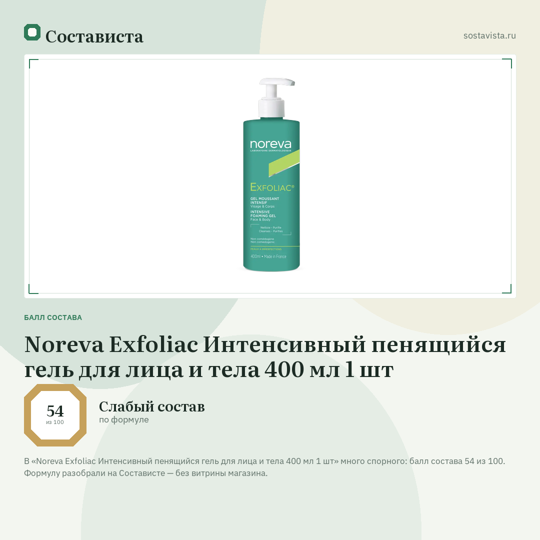 Noreva Exfoliac Интенсивный пенящийся гель для лица и тела 400 мл 1 шт: балл состава 54 из 100 — Состависта