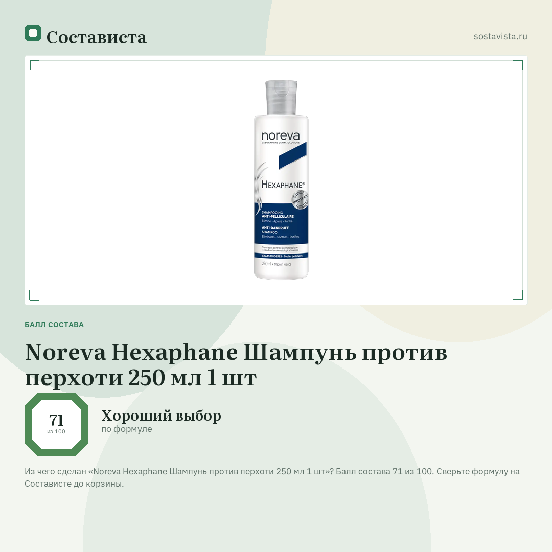 Noreva Hexaphane Шампунь против перхоти 250 мл 1 шт: балл состава 71 из 100 — Состависта