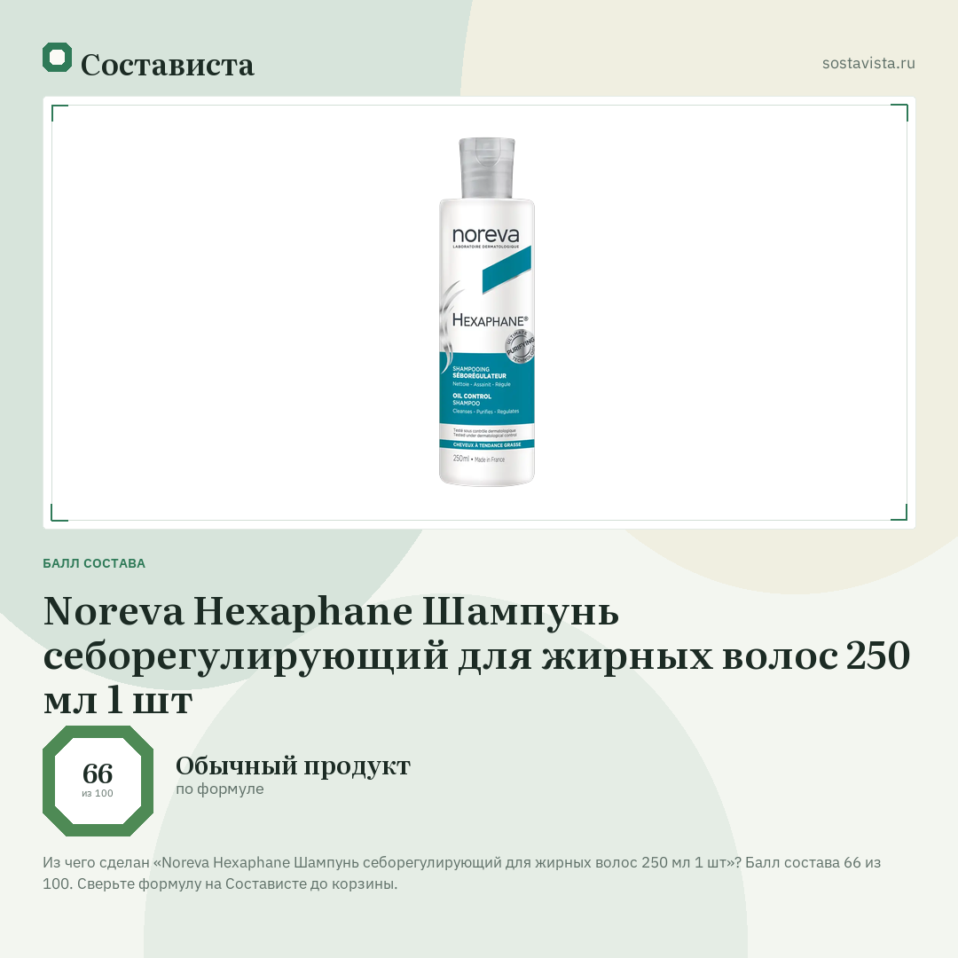 Noreva Hexaphane Шампунь себорегулирующий для жирных волос 250 мл 1 шт: балл состава 66 из 100 — Состависта