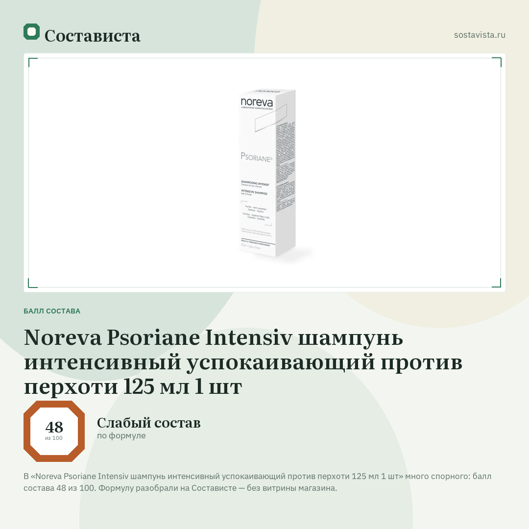 Noreva Psoriane Intensiv шампунь интенсивный успокаивающий против перхоти 125 мл 1 шт: балл состава 48 из 100 — Состависта