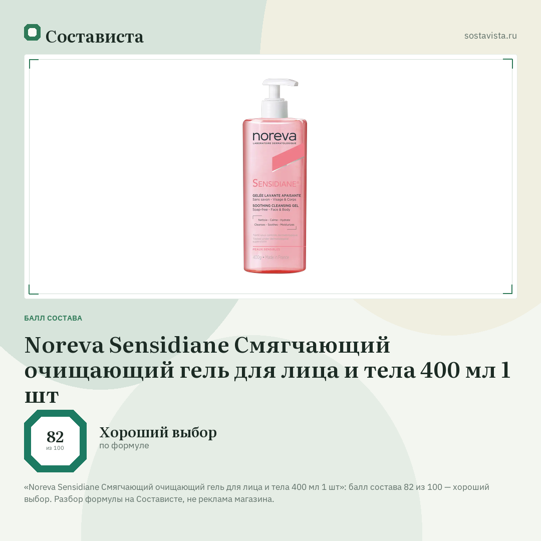 Noreva Sensidiane Смягчающий очищающий гель для лица и тела 400 мл 1 шт: балл состава 82 из 100 — Состависта
