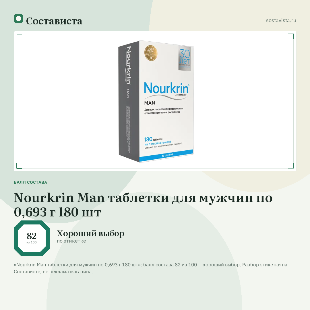Nourkrin Man таблетки для мужчин по 0,693 г 180 шт: балл состава 82 из 100 — Состависта