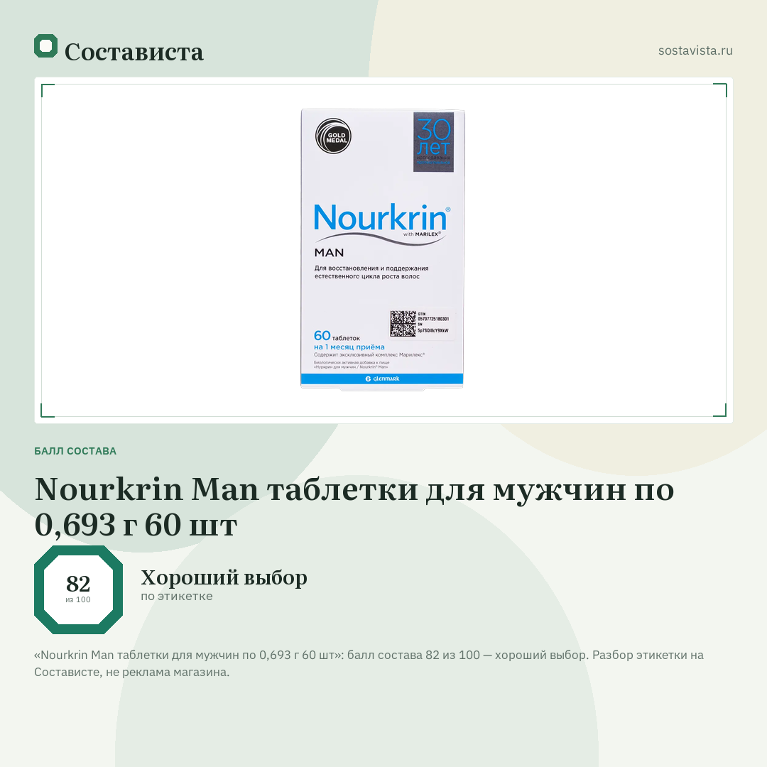 Nourkrin Man таблетки для мужчин по 0,693 г 60 шт: балл состава 82 из 100 — Состависта
