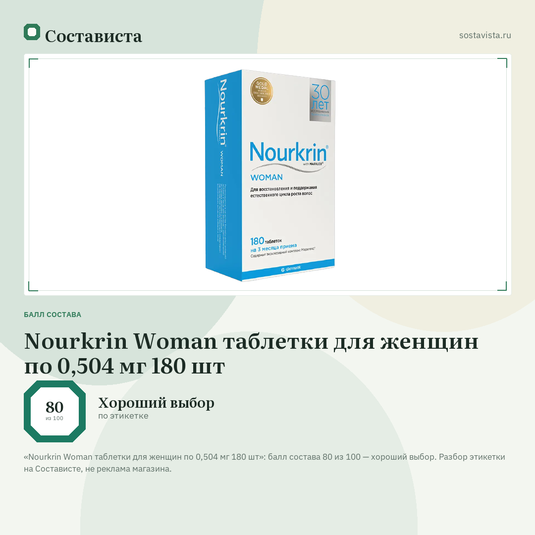 Nourkrin Woman таблетки для женщин по 0,504 мг 180 шт: балл состава 80 из 100 — Состависта