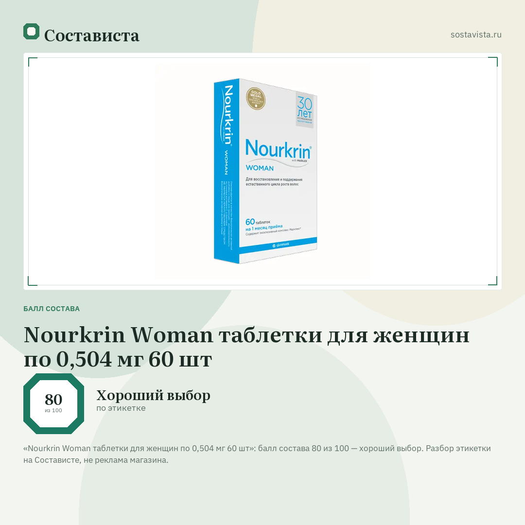 Nourkrin Woman таблетки для женщин по 0,504 мг 60 шт: балл состава 80 из 100 — Состависта