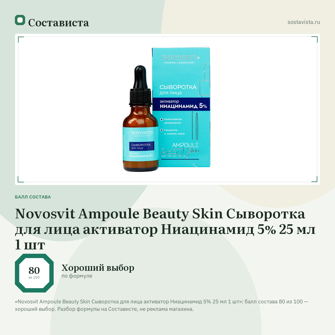 Novosvit Ampoule Beauty Skin Сыворотка для лица активатор Ниацинамид 5% 25 мл 1 шт: балл состава 80 из 100 — Состависта