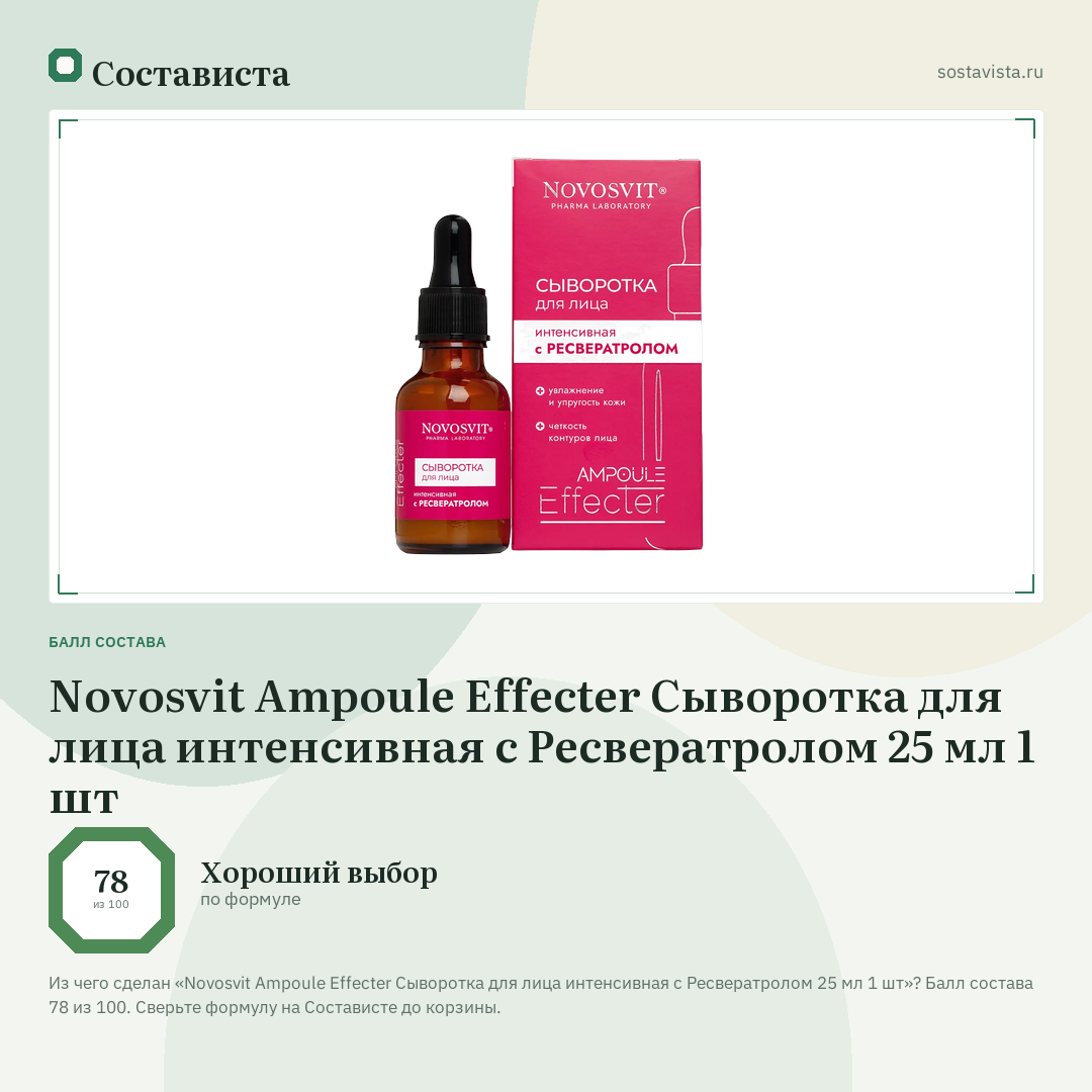 Novosvit Ampoule Effecter Сыворотка для лица интенсивная с Ресвератролом 25 мл 1 шт: балл состава 78 из 100 — Состависта