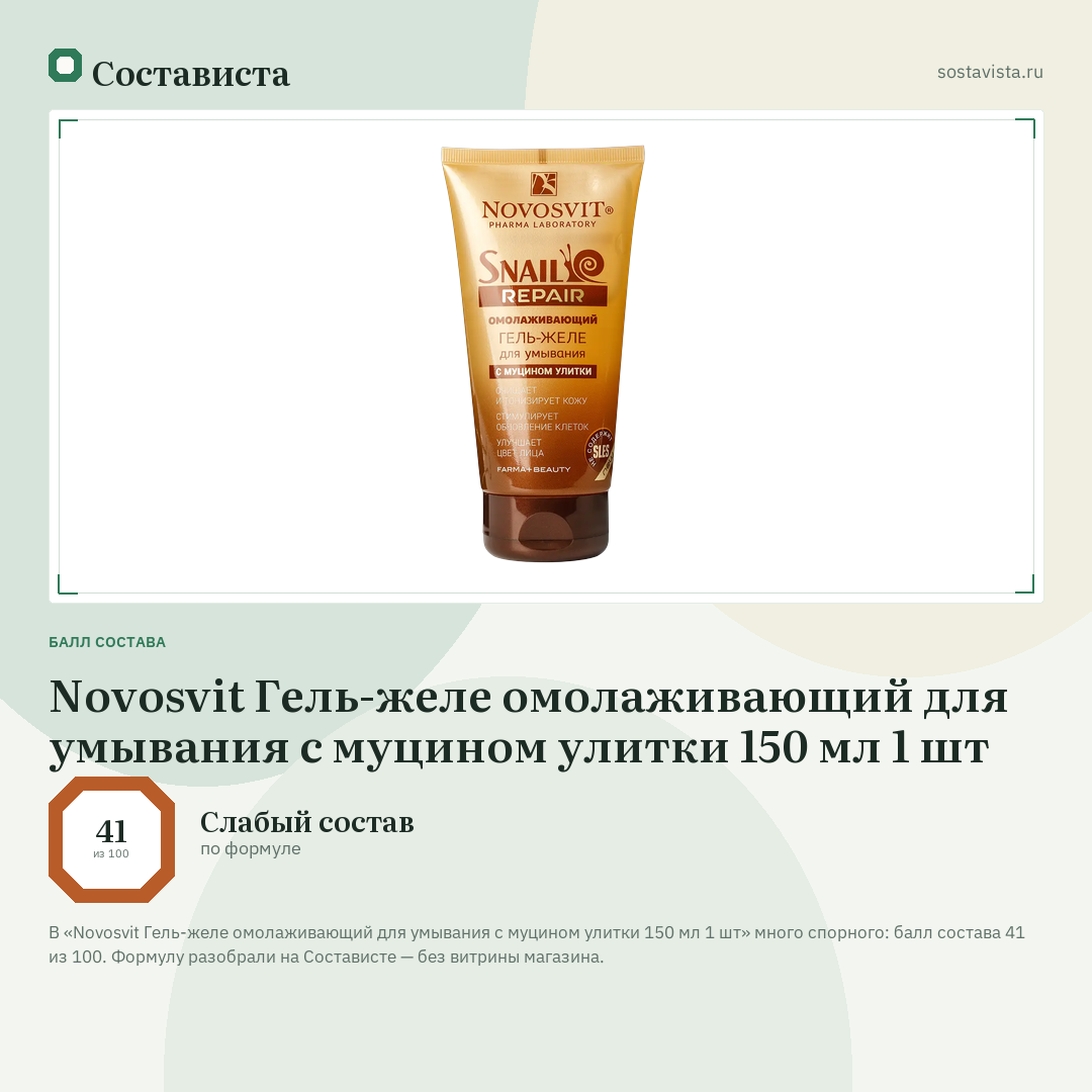 Novosvit Гель-желе омолаживающий для умывания с муцином улитки 150 мл 1 шт: балл состава 41 из 100 — Состависта