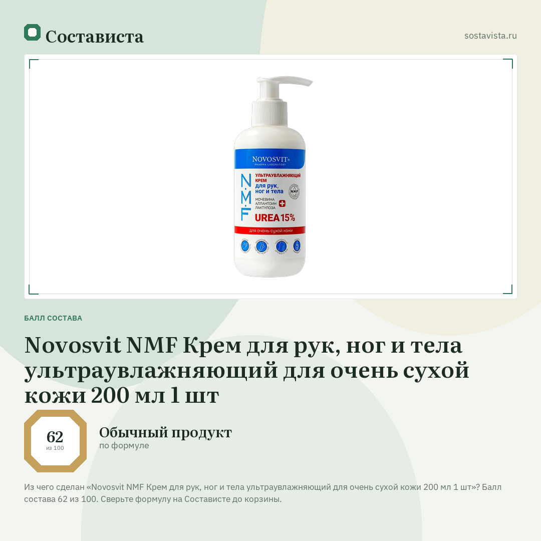 Novosvit NMF Крем для рук, ног и тела ультраувлажняющий для очень сухой кожи 200 мл 1 шт: балл состава 62 из 100 — Состависта