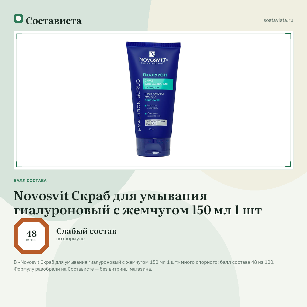 Novosvit Скраб для умывания гиалуроновый с жемчугом 150 мл 1 шт: балл состава 48 из 100 — Состависта