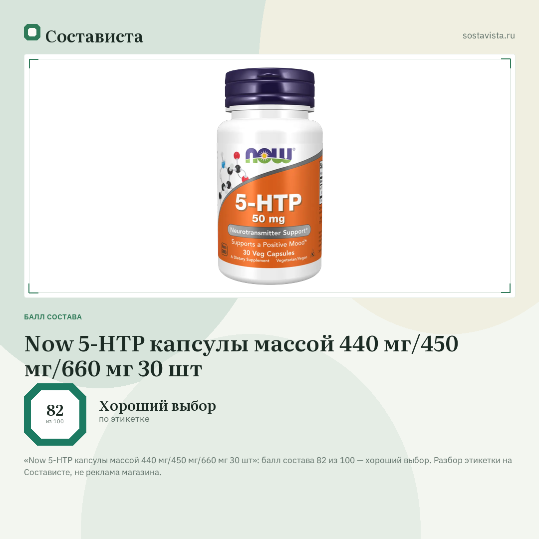 Now 5-НТР капсулы массой 440 мг/450 мг/660 мг 30 шт: балл состава 82 из 100 — Состависта