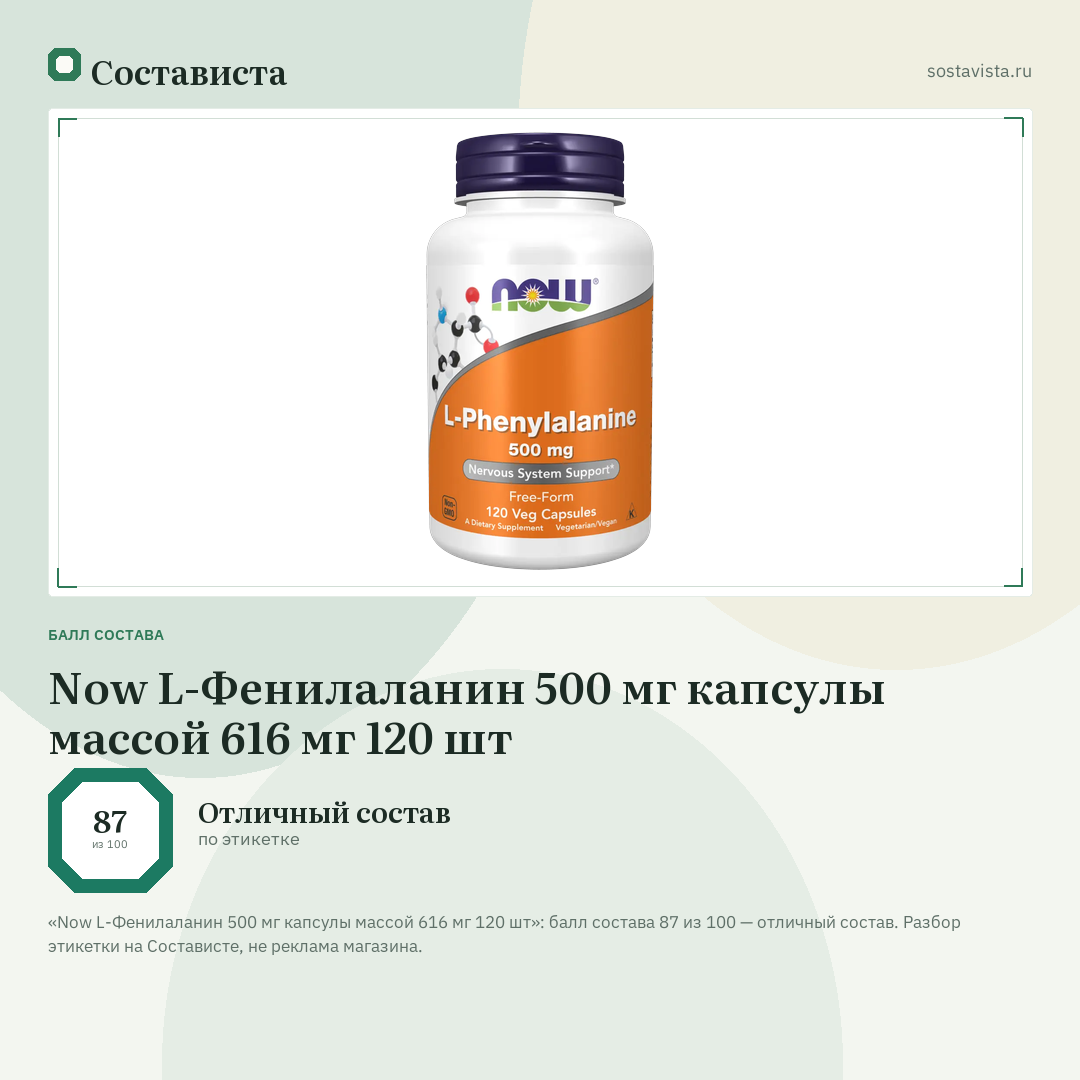 Now L-Фенилаланин 500 мг капсулы массой 616 мг 120 шт: балл состава 87 из 100 — Состависта