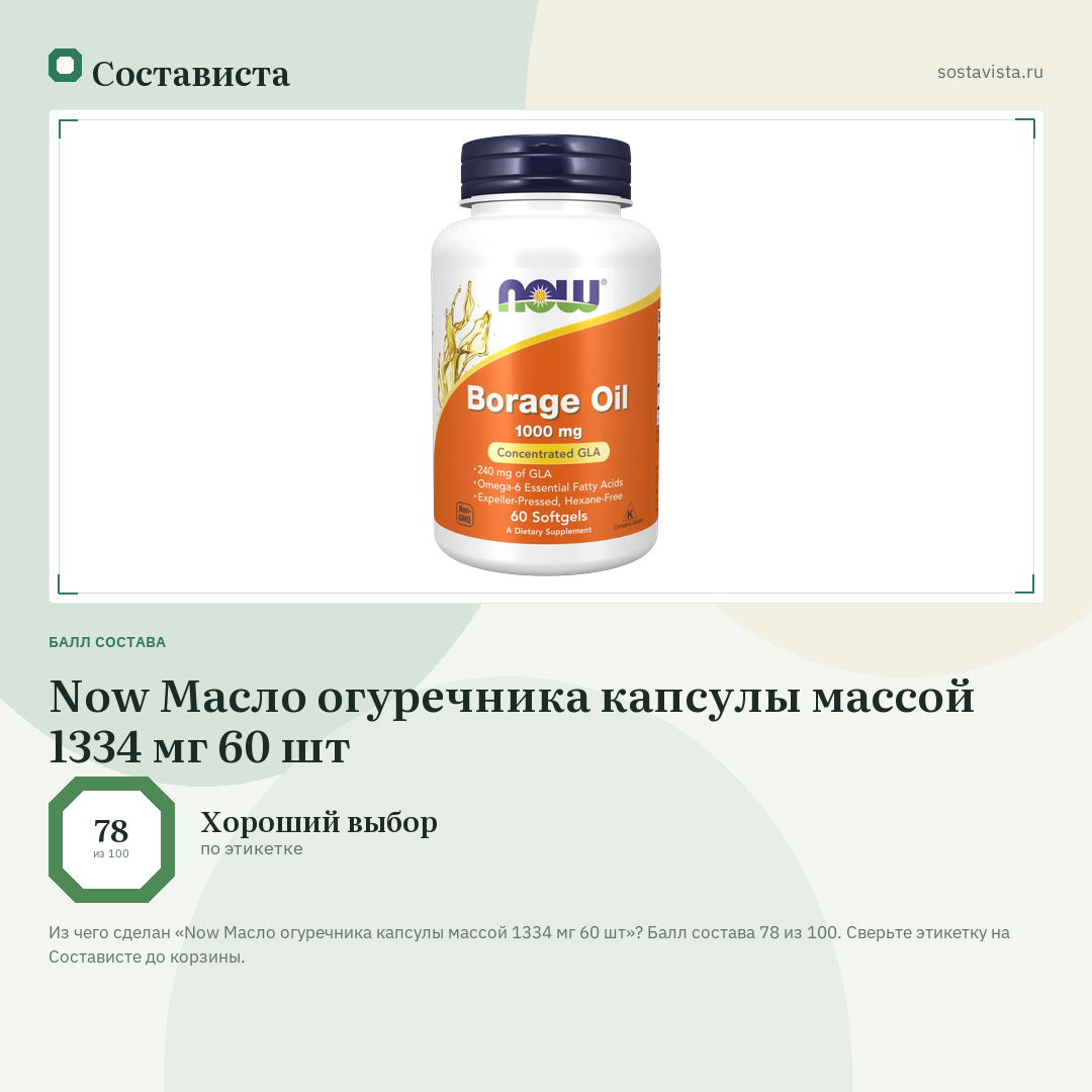 Now Масло огуречника капсулы массой 1334 мг 60 шт: балл состава 78 из 100 — Состависта