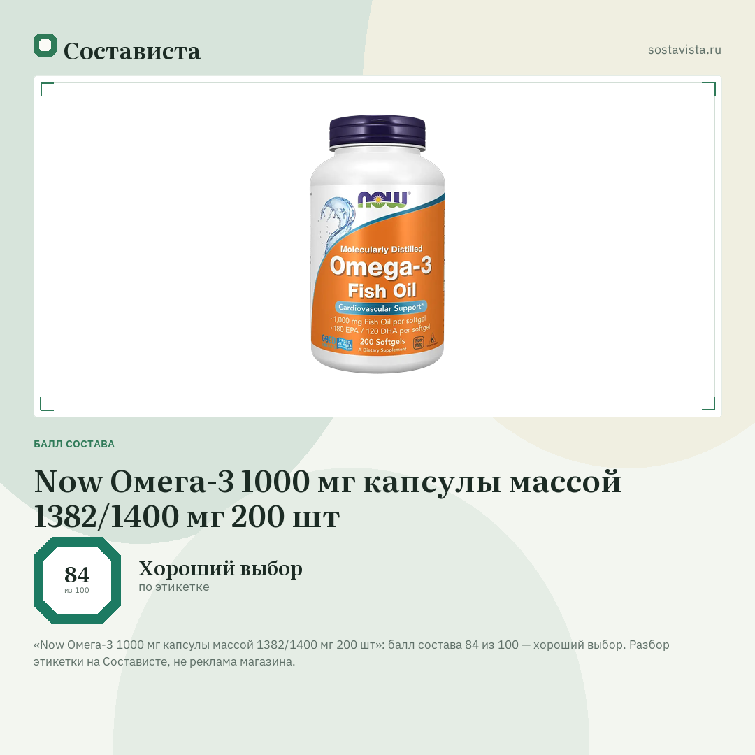 Now Омега-3 1000 мг капсулы массой 1382/1400 мг 200 шт: балл состава 84 из 100 — Состависта